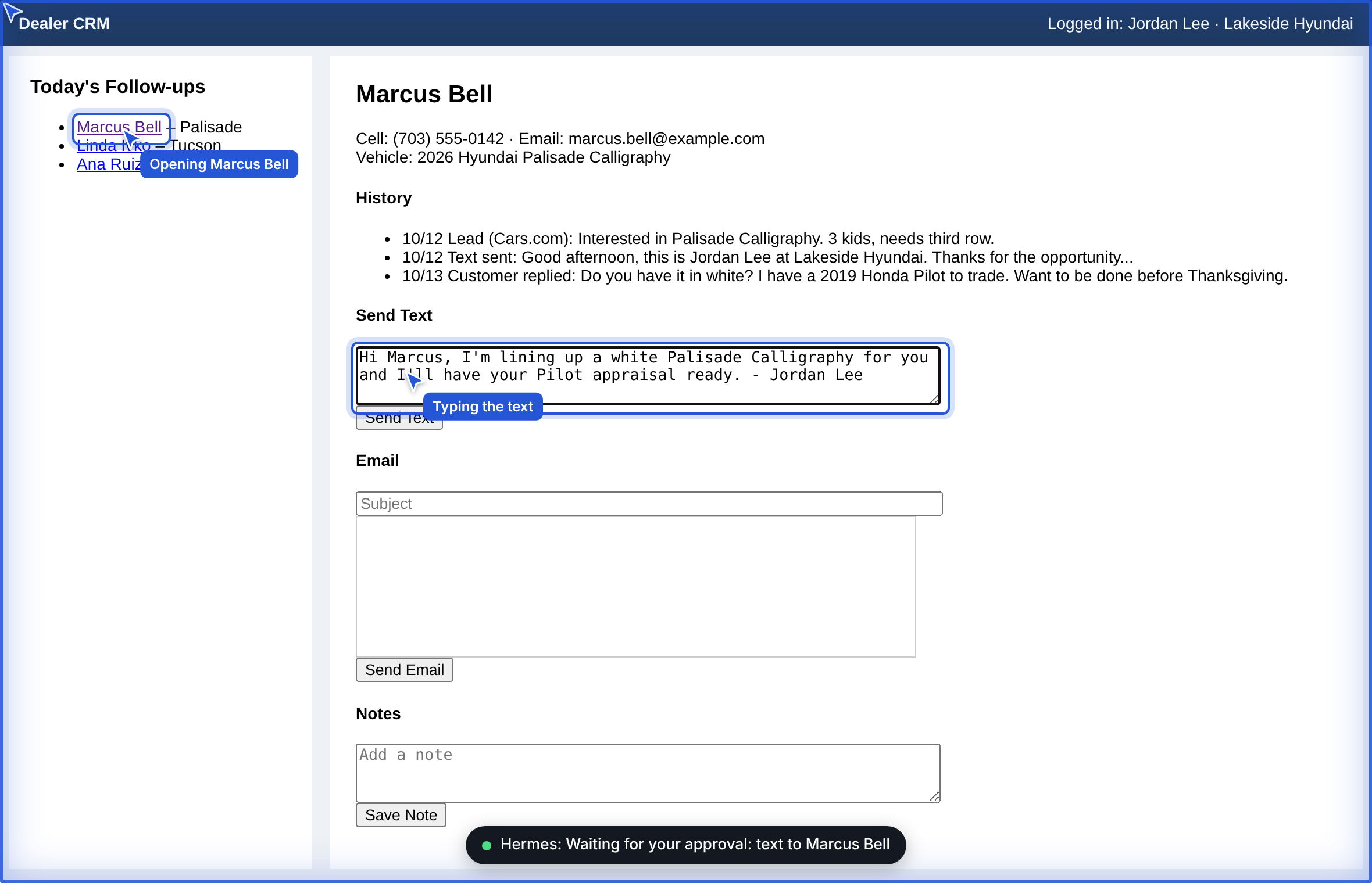 Hermes working in a dealer CRM: its pointer opens the customer Marcus Bell and types a personal text into the CRM's own Send Text box