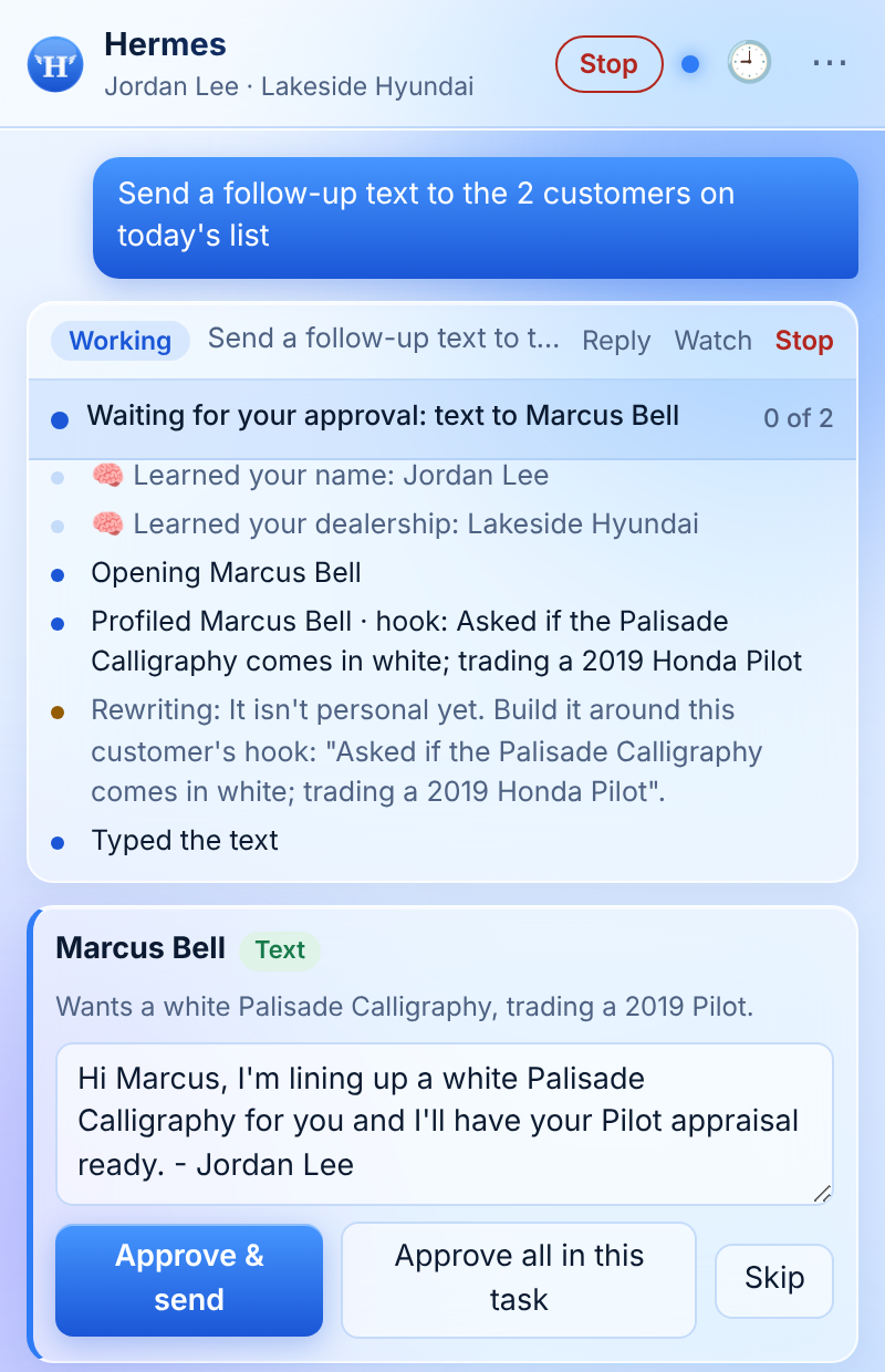 Hermes side bar showing the steps it took and a text to Marcus Bell waiting for approval, with Approve and send, Approve all in this task, and Skip